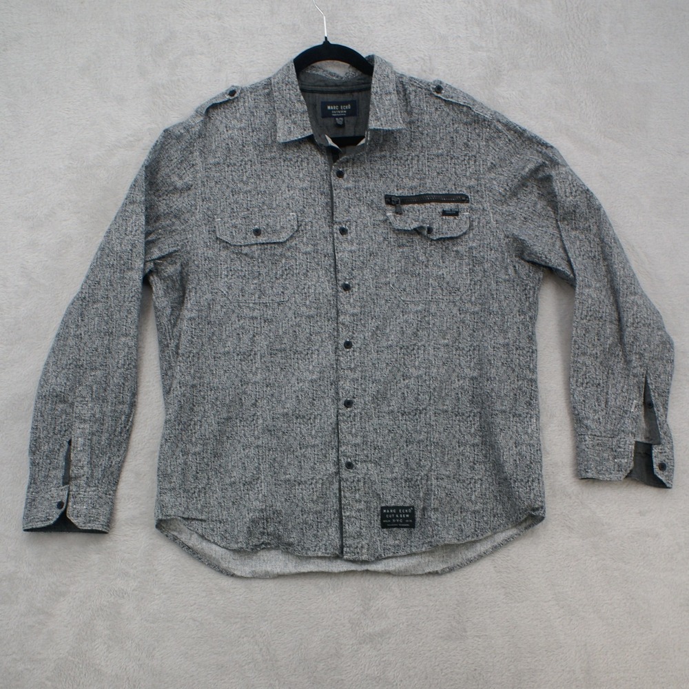 Marc Ecko Cut & Sew Shirt Mens XL Gray Military Utility Zip Pocket Epaulet